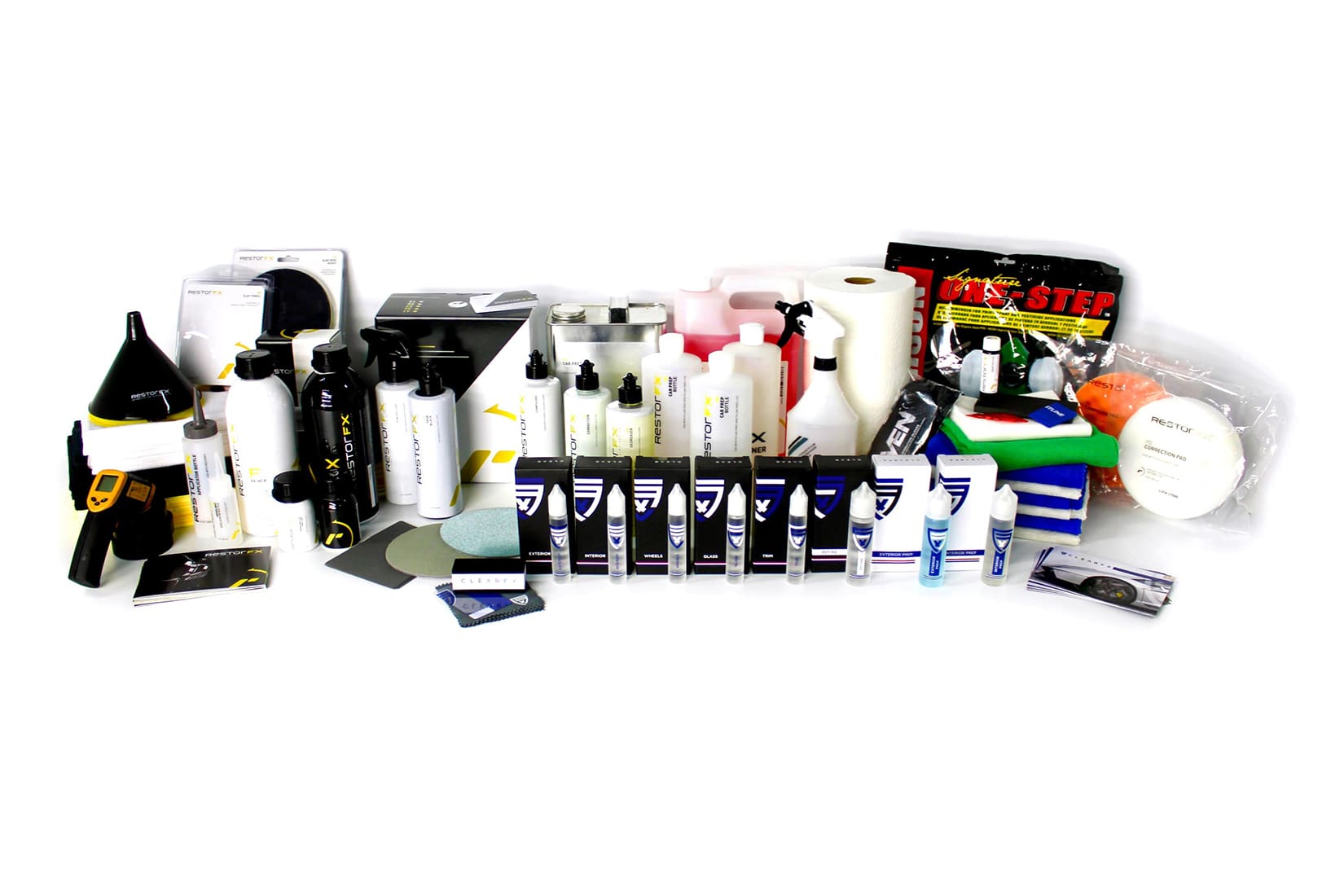 Family of FX Preparation products in bottles, cans, boxes and pads, sprayers, cloths, others to prepare for car restoration