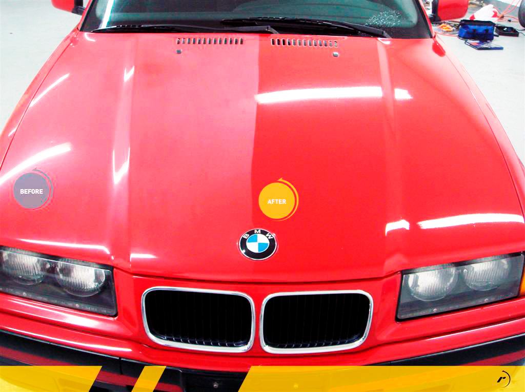 Before and after shot of red BMW front during different stages of the paint restoration process