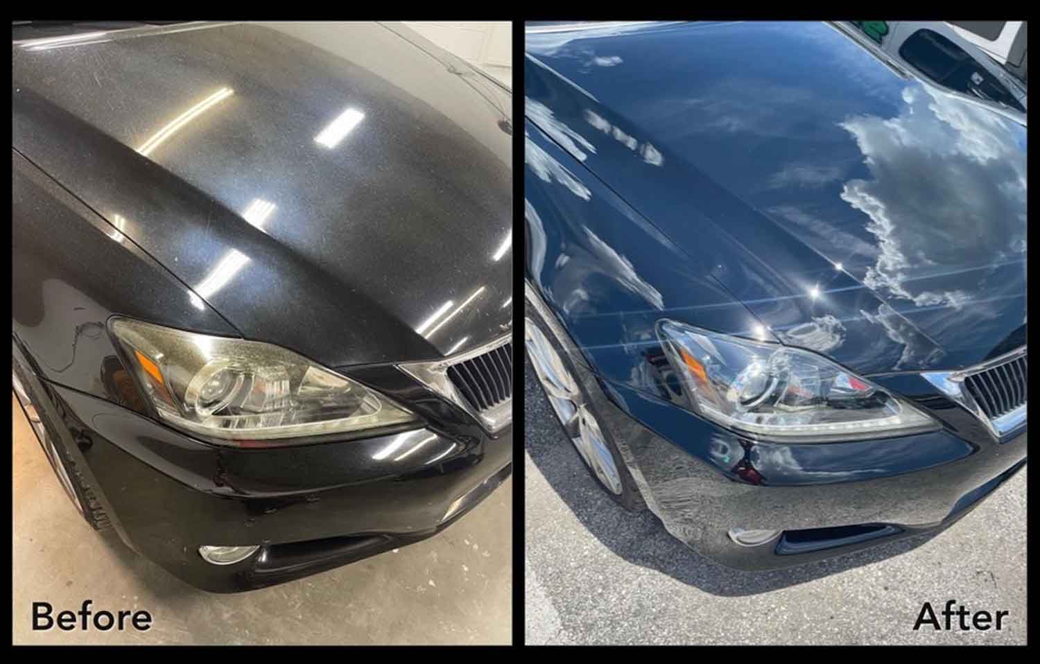 Collage of a black Lexus parked outside with pictures of before and after RestorFX application has been performed