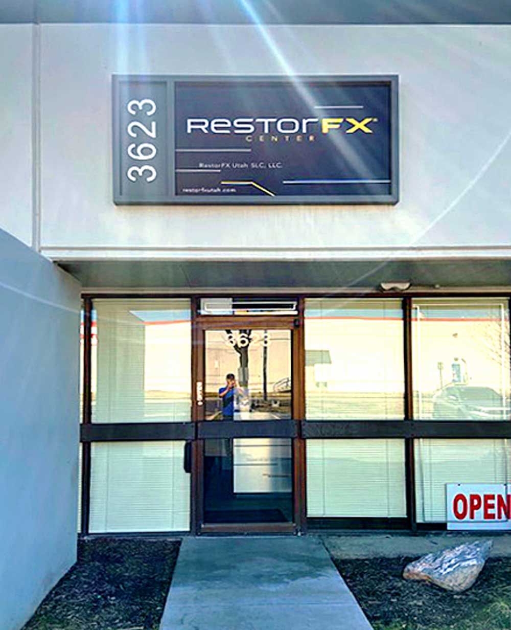 RestorFX Utah-Salt Lake City storefront unit with branded signage on top of glass-door windows