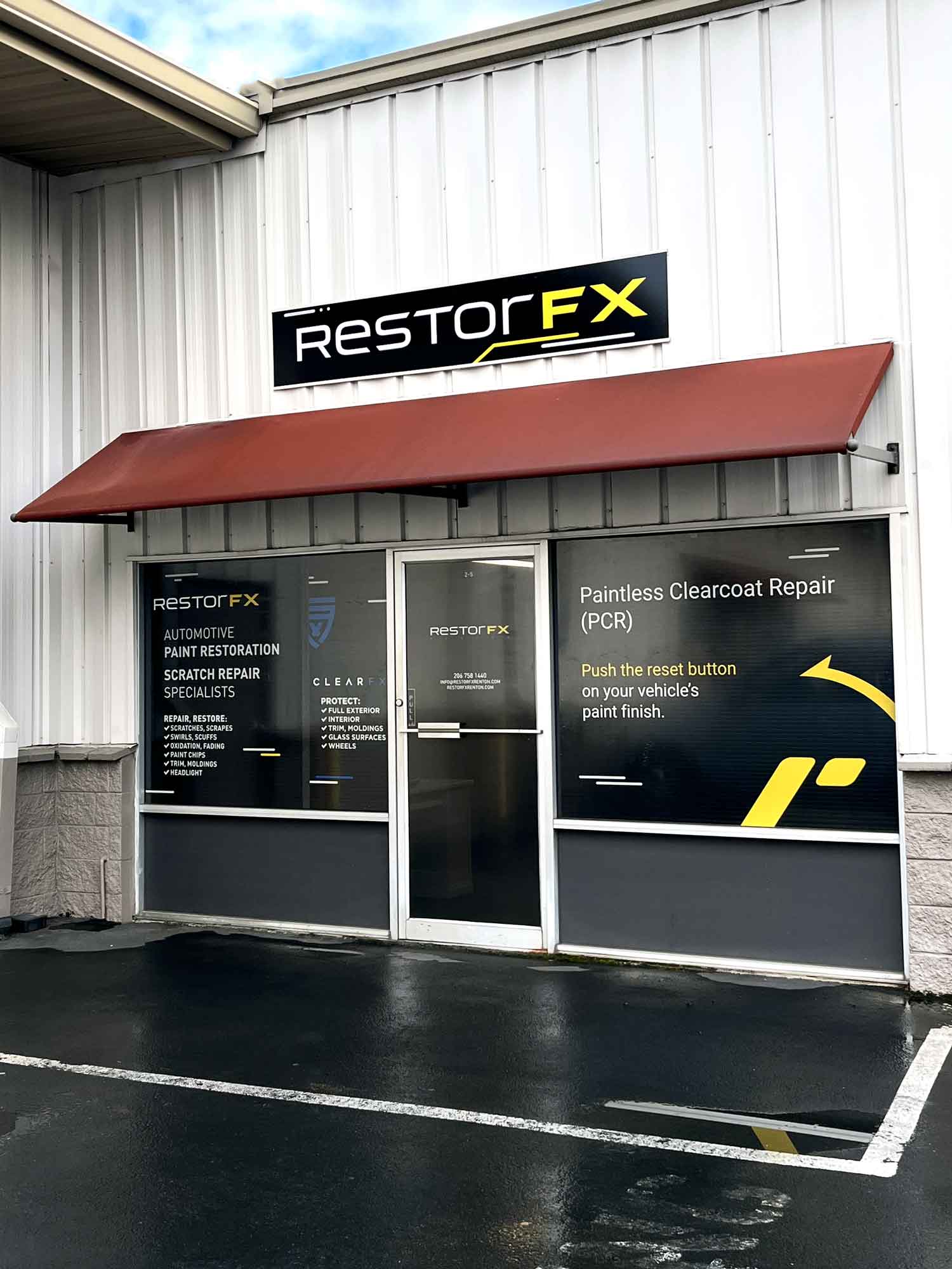 RestorFX Renton storefront unit with branded windows, door and a sign mounted on the wall