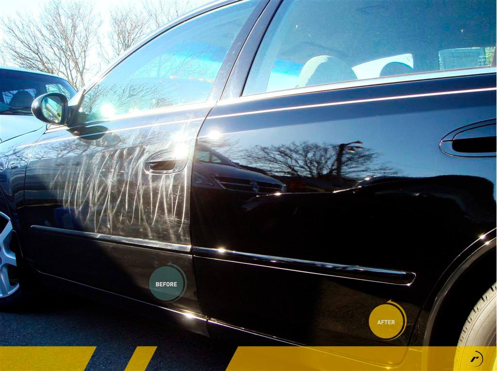 Before and after shot of black vehicle doors during stages of paint restoration applied to swirling