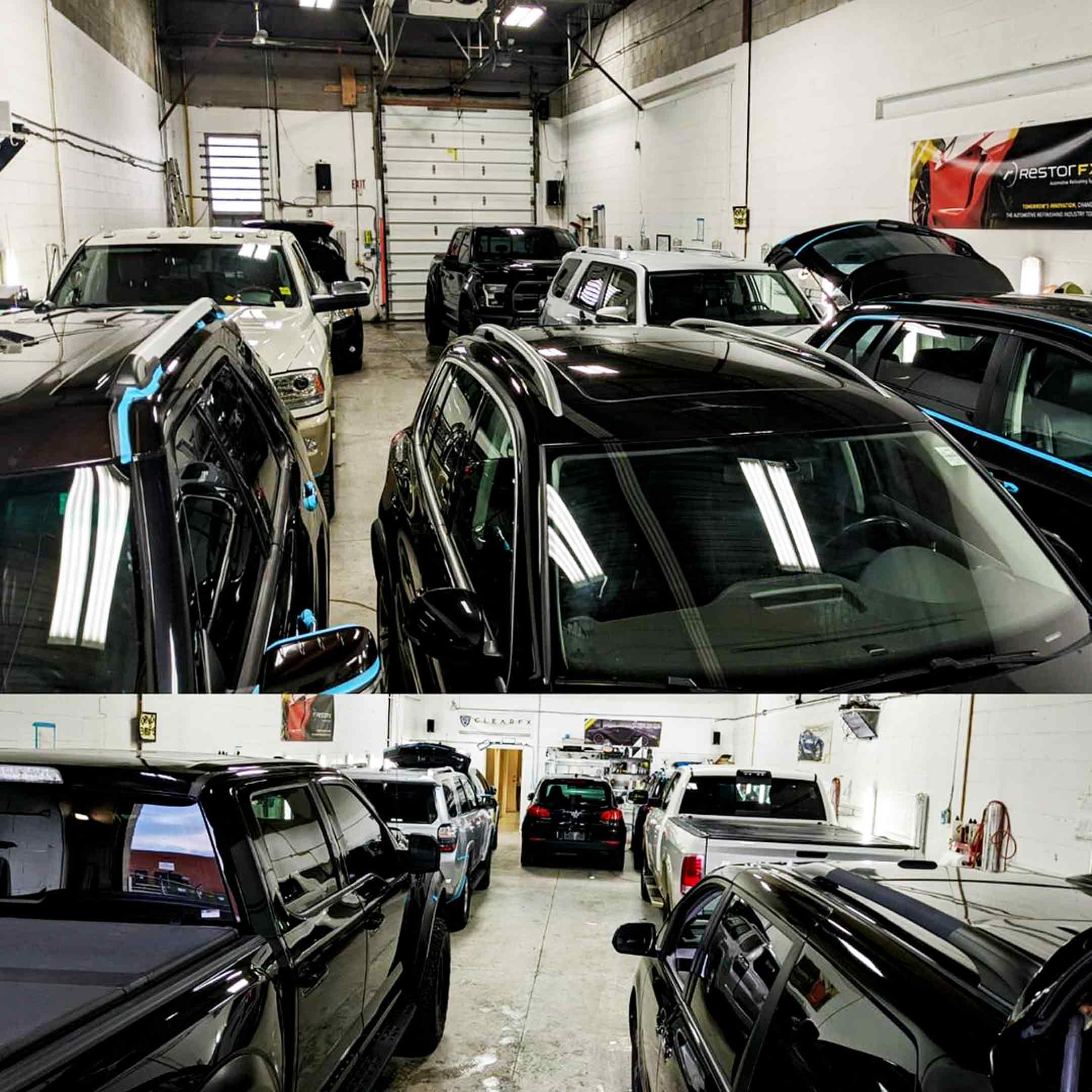 Vehicles of various colors, makes and models at the RestorFX Barrie shop area ready for paint restoration