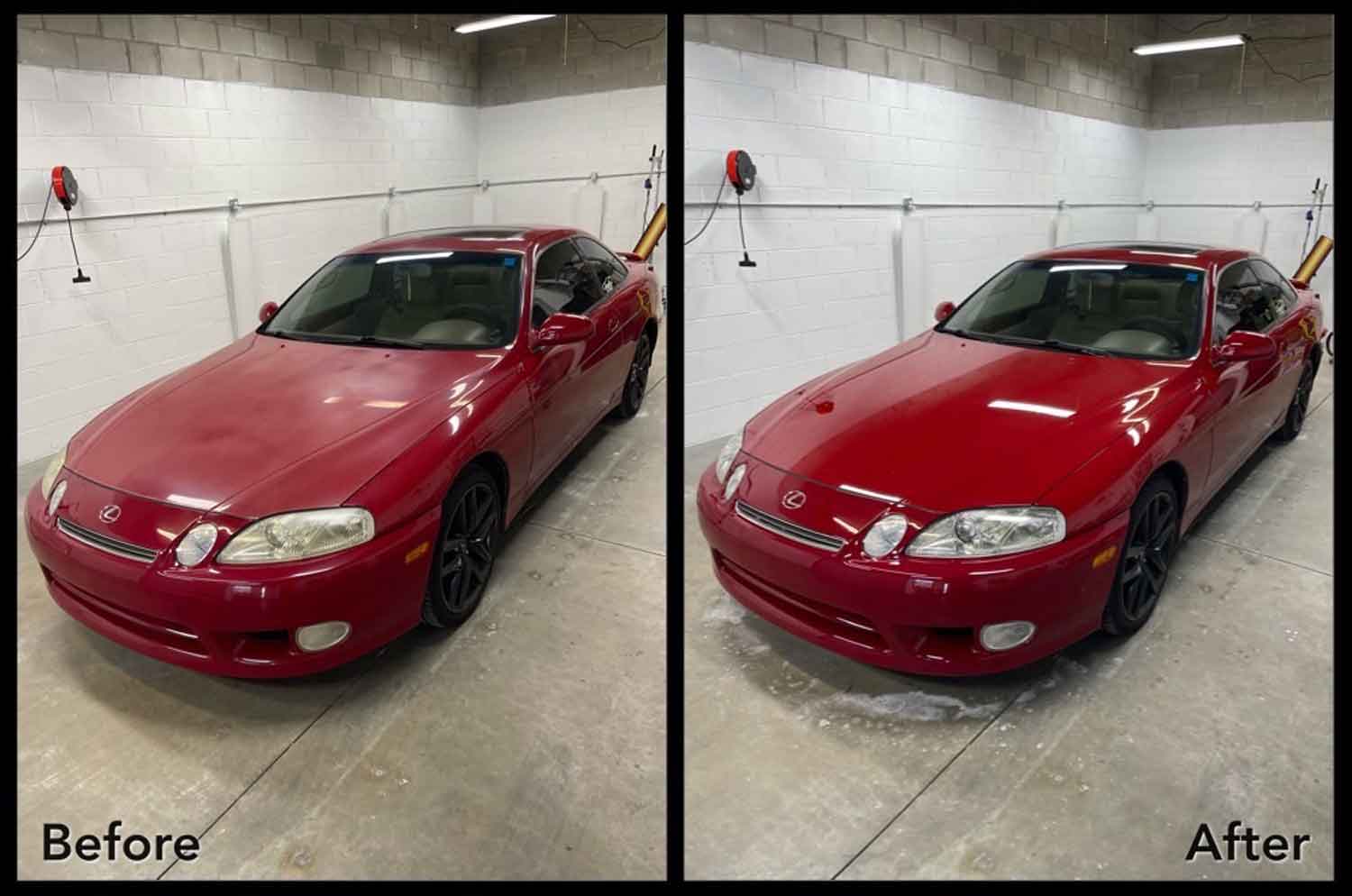 Collage of a red Lexus parked inside with pictures of before and after RestorFX application has been performed